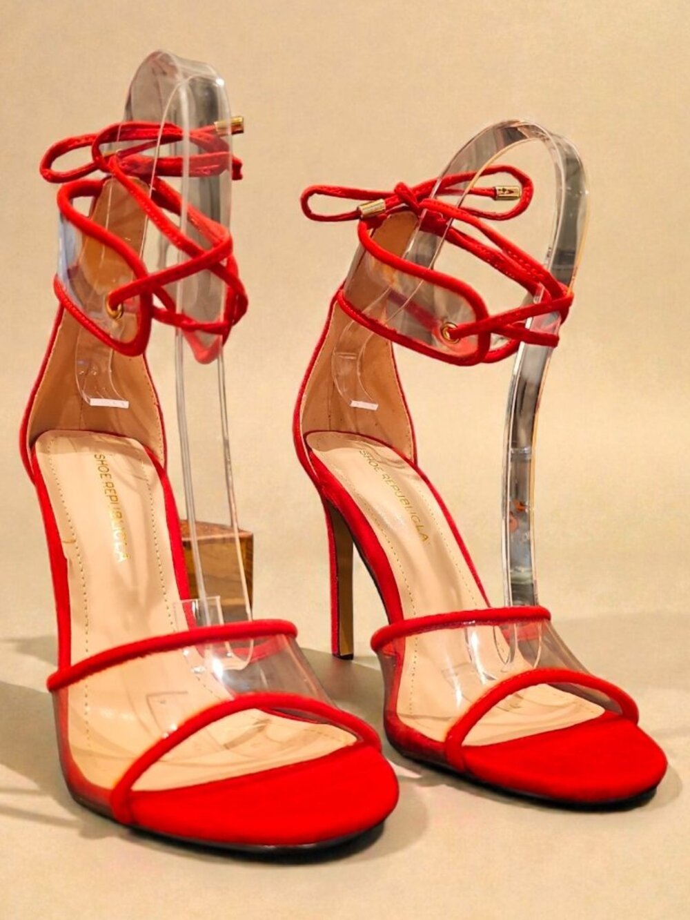 Strappy Red High Heels With Clear PVC Accents & Lace-Up Ankle Straps Stilettos